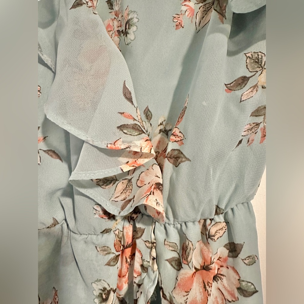 Maurices Flutter Sleeve Chiffon Wrap Mini Dress Mint Green Floral Size Small - Picture 12 of 12